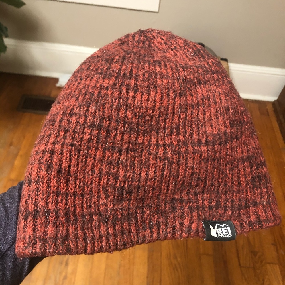 REI beanie, brick colored